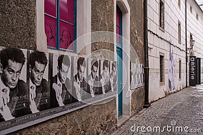 Posters for Egon Schiele's museum in Krumlov, Czech republic Editorial Stock Photo